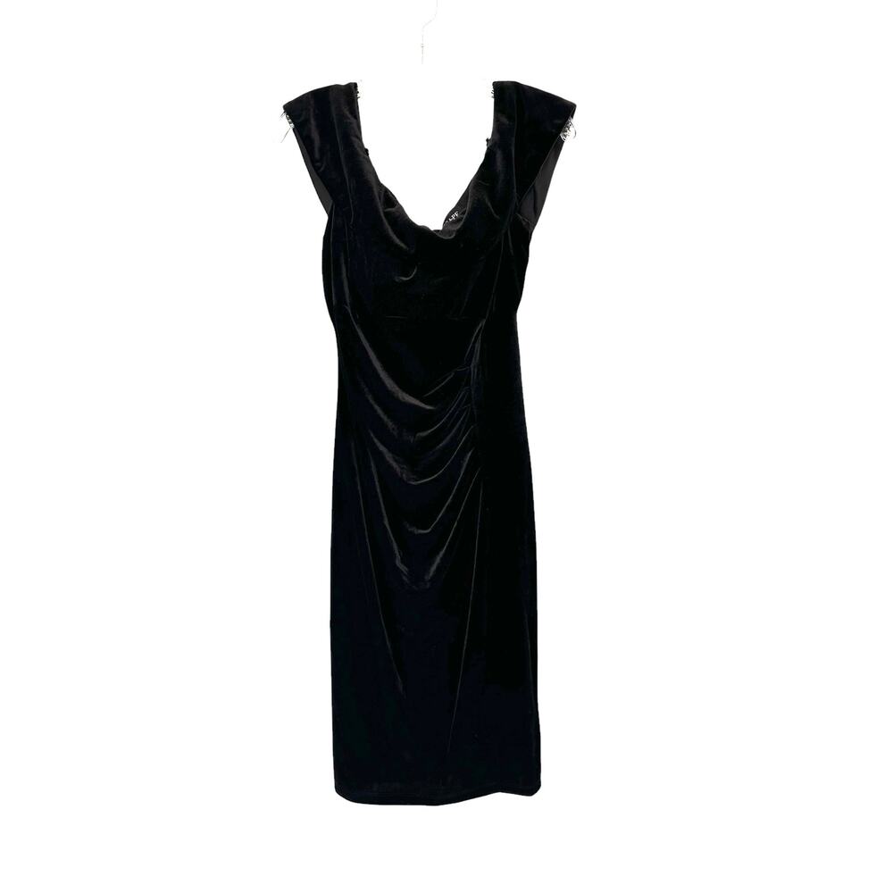 Xscape‎ Black Basic Wedding Guest Velvet Ruched Formal Midi Dress Size 16